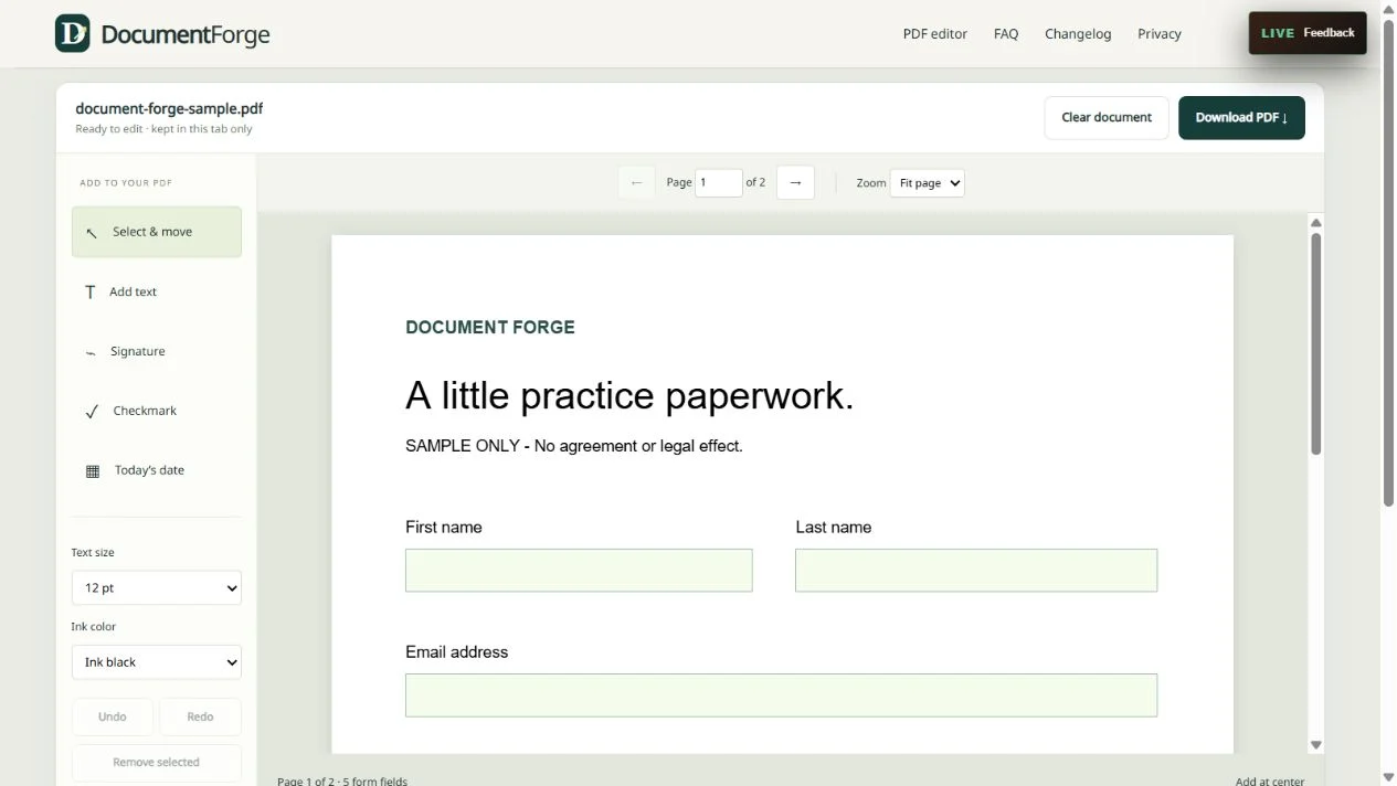 Document Forge PDF editor with a sample form