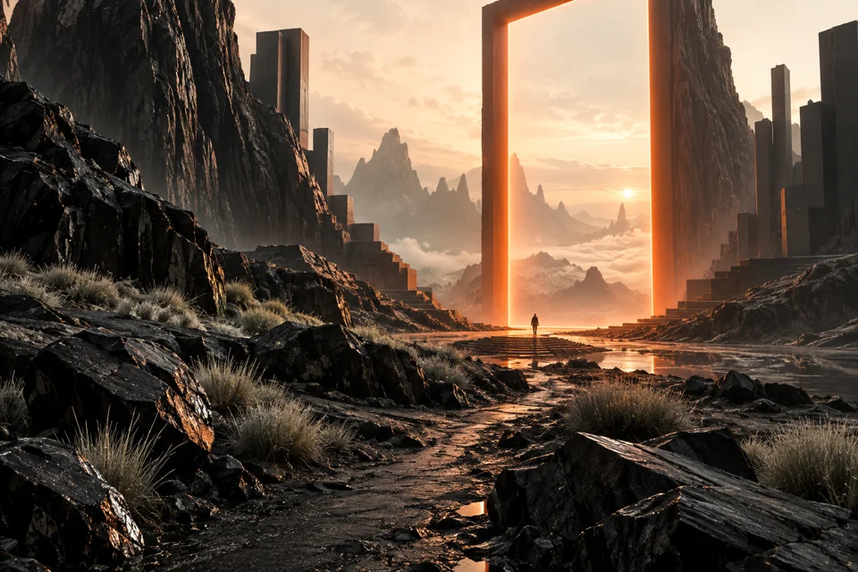 Original orange portal in a sculpted digital landscape